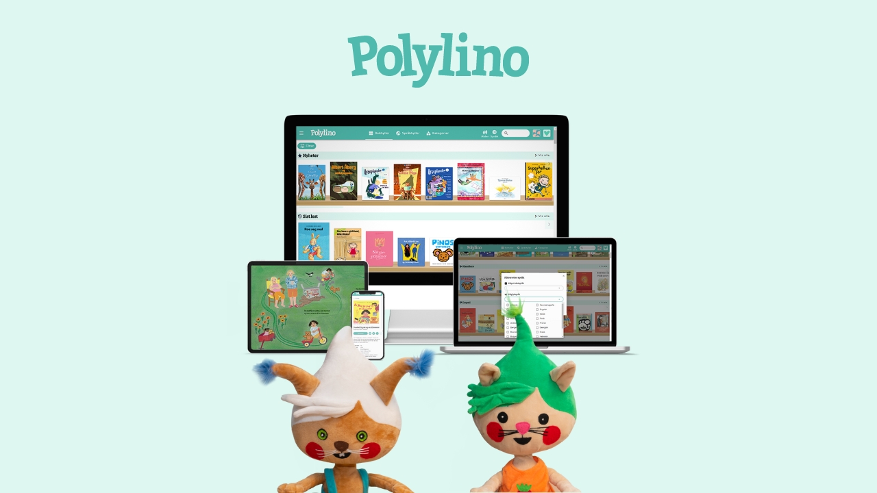 Illustrasjon som viser Polylino sine lesemaskoter foran nettbrett, mobiltelefon og pc med Polylino på skjermene