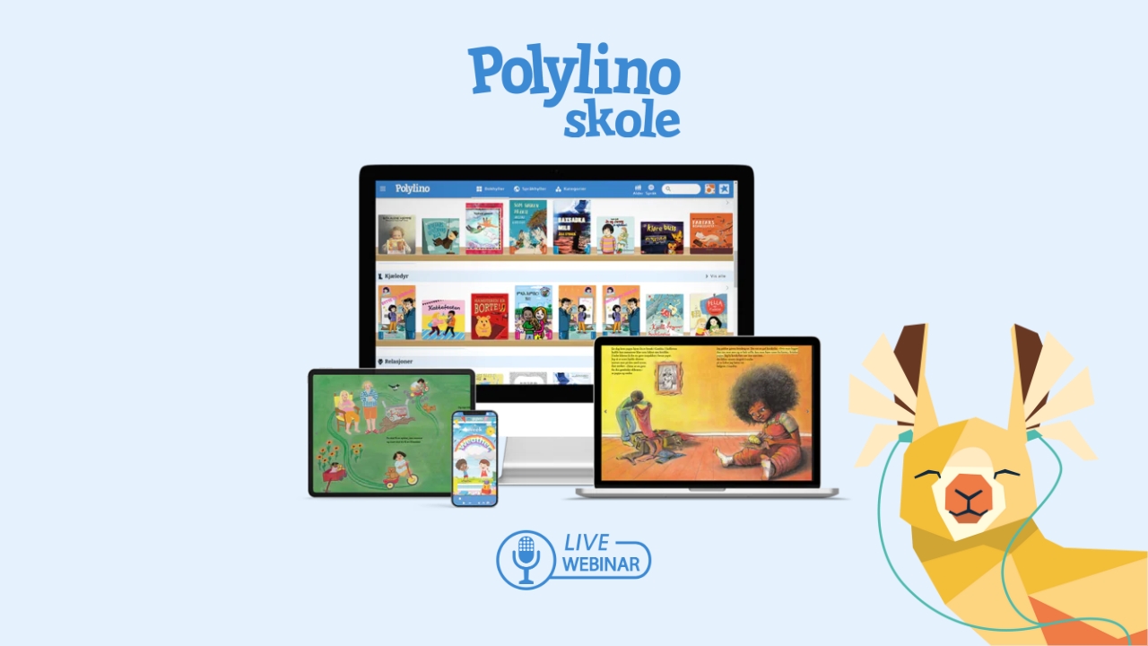 Grafikk som viser reklame for webinar om Polylino skole med bilde av maskoten vår, lamaen, og nettbrett, mobil, laptop og pc med Polylino på skjermen.