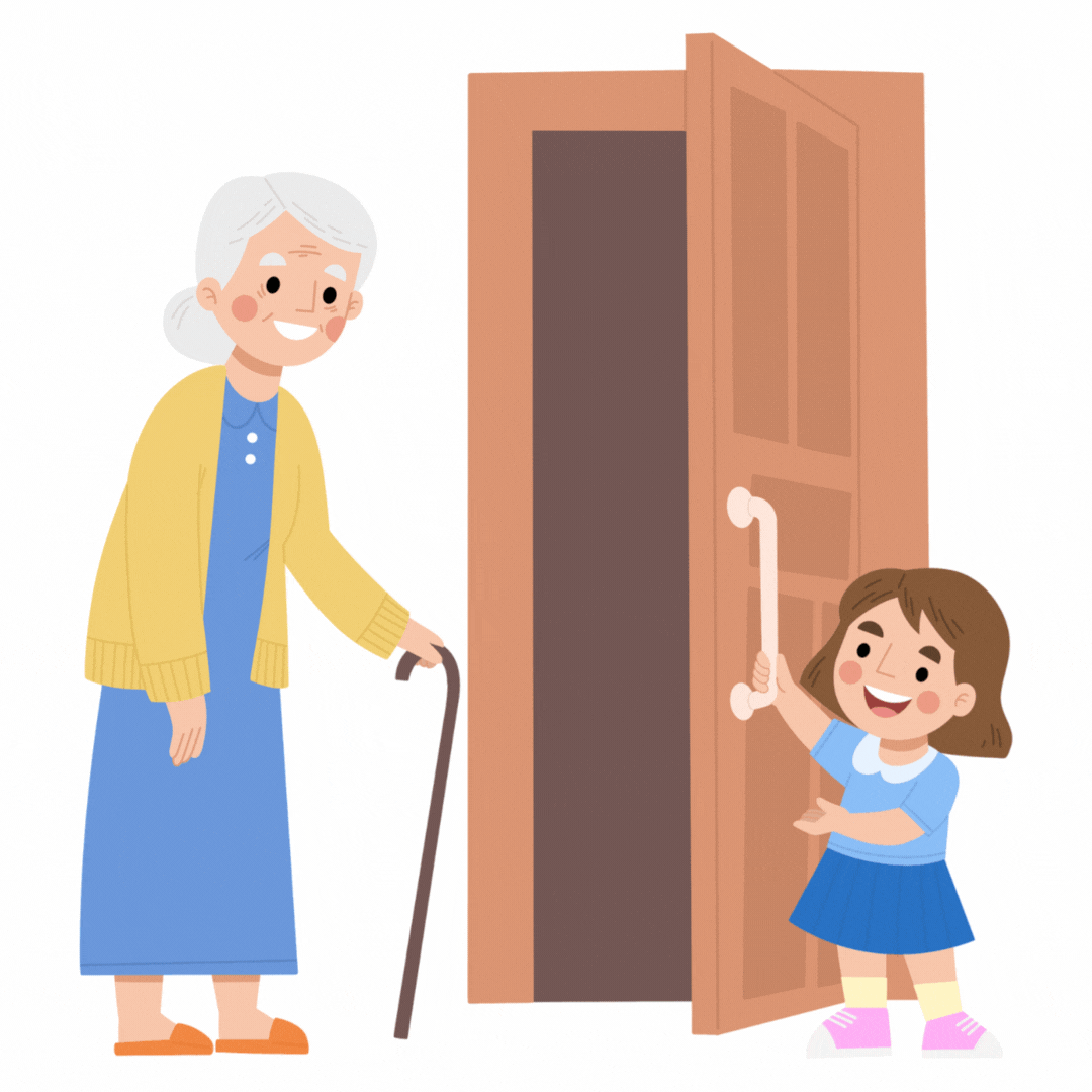 Illustrasjon av en liten jente som åpner døren for en eldre dame med stokk.