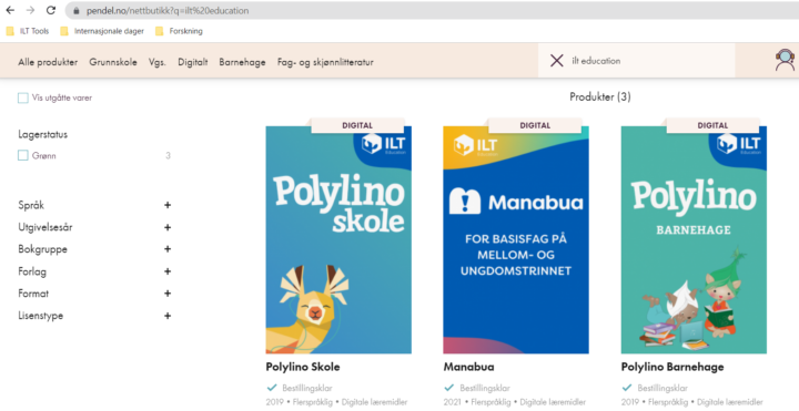 Skjermbilde av ILT Education sine produkter i Pendels nettbutikk