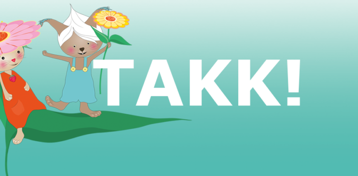 Banner med et stort takk og bilde av Polylino sine lesemaskoter med blomster i hendene