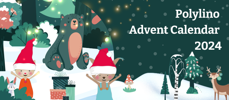 Poly and Lino in winter with bear, presents, tree, snow