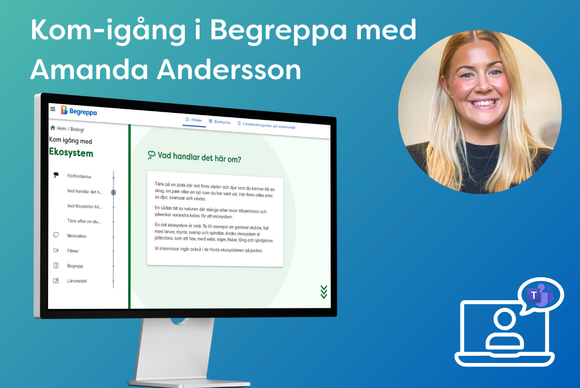 En bild på en skärm med kom igång och även en bild på amanda andersson.
