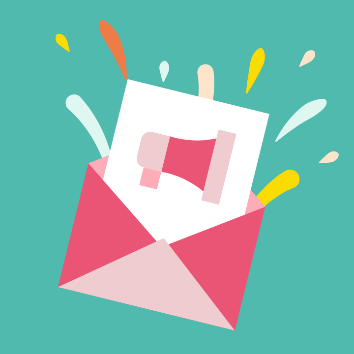 graphic of envelope with paper coming out with megaphone icon. green and pink colours