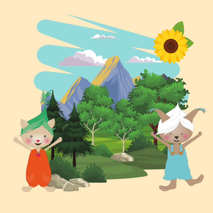 Nature background with mountains and trees. Polylino characters in the foreground