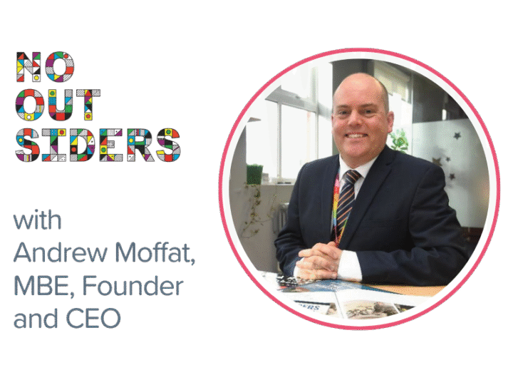 No outsiders title slide, with photo of Andrew Moffat in pink circle