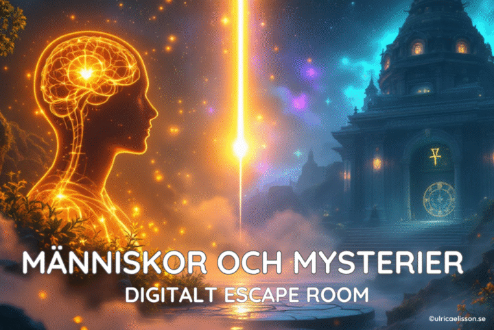Illustration med ett lysande människohuvud till vänster och ett fantasyliknande tempel till höger. En vertikal ljusstråle binder ihop motiven under en stjärnhimmel. Bilden symboliserar temat för Människor och mysterier – ett digitalt escape room från Begreppa.