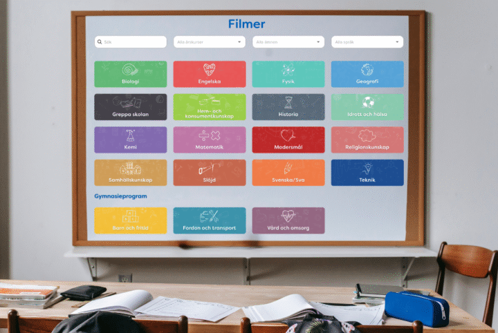 En digital översikt över Begreppas ämnesfilmer, med färgade knappar för skolämnen som biologi, engelska, matematik, svenska som andraspråk och modersmål. Verktyget hjälper elever att förstå skolspråket och begrepp på flera språk.