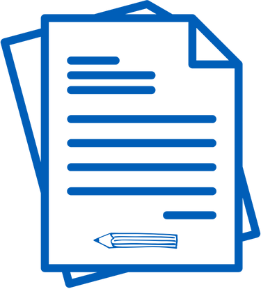 Ikon med två papper med text och en penna längst ner.