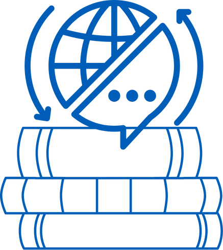 Ikon med tre böcker, en pratbubbla och en jordglob med pilar runt.