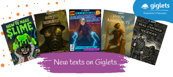 5 giglets texts front covers in a fan, with blobs in the background