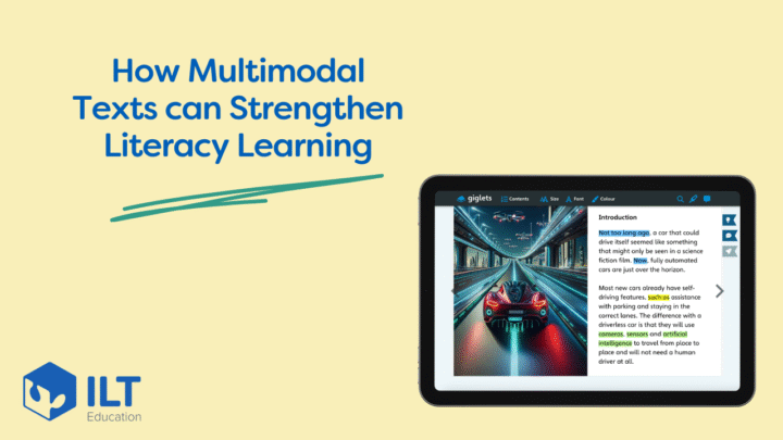 yellow background, Giglets tablet with ILT Education UK logo