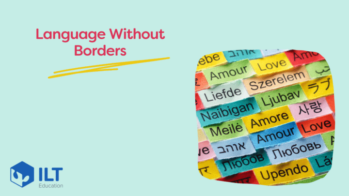 Green background, multilingual words, ILT Education UK logo