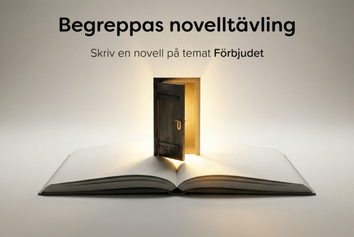 Illustration av en öppen bok med en dörr som leder till ljus, symbol för skrivande och fantasi i Begreppas novelltävling