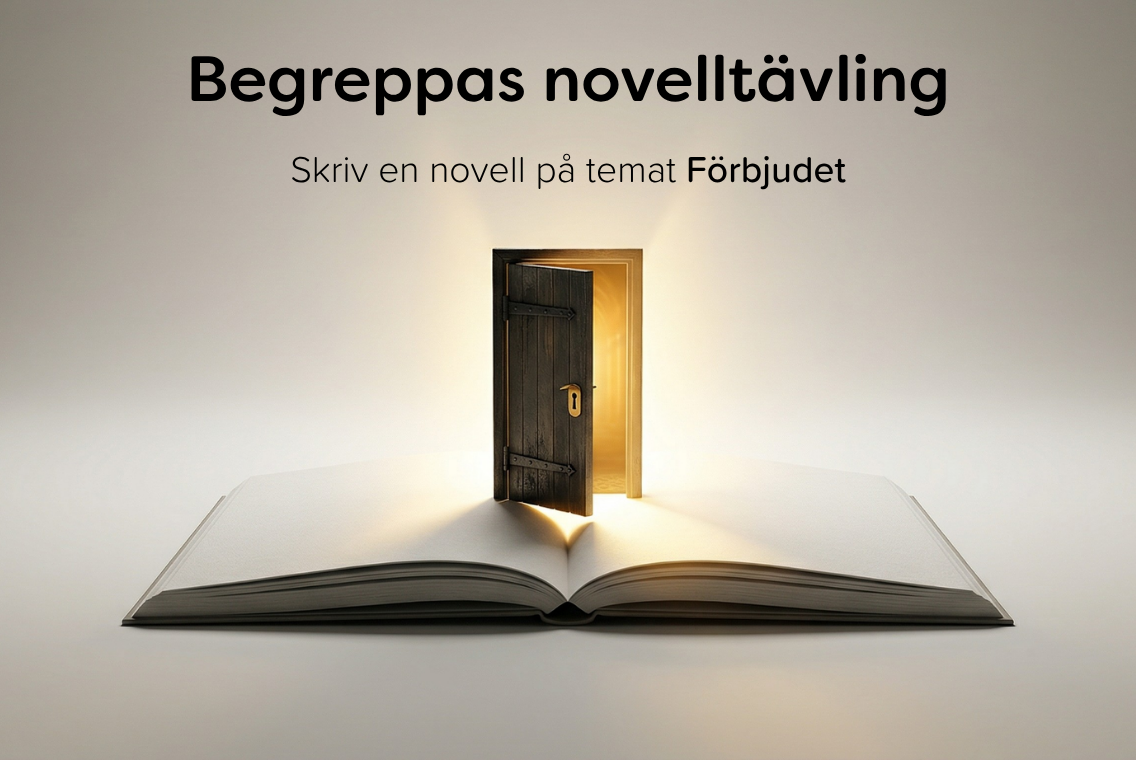 Illustration av en öppen bok med en dörr som leder till ljus, symbol för skrivande och fantasi i Begreppas novelltävling