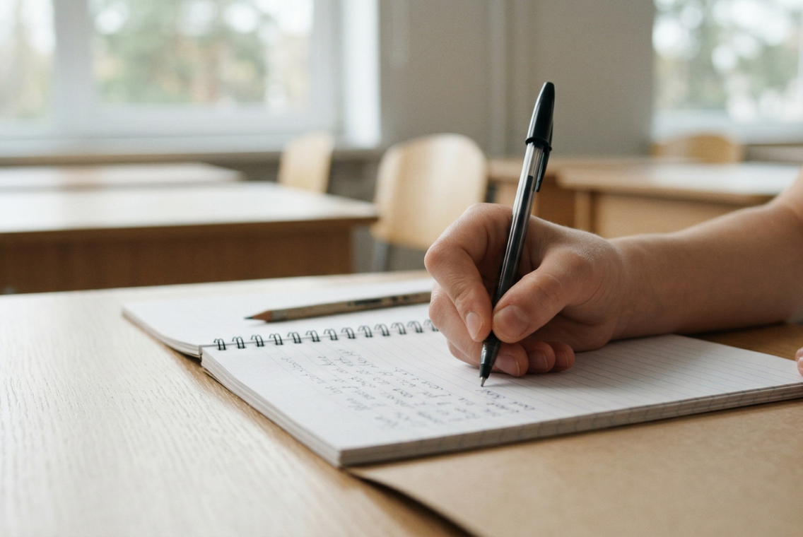 Elev som skriver i ett anteckningsblock med penna i ett klassrum