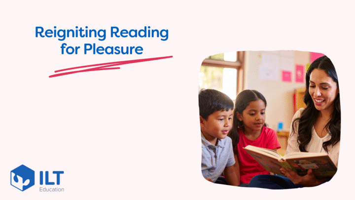 Pink background. Children and teacher reading for pleasure with ILT Education Logo