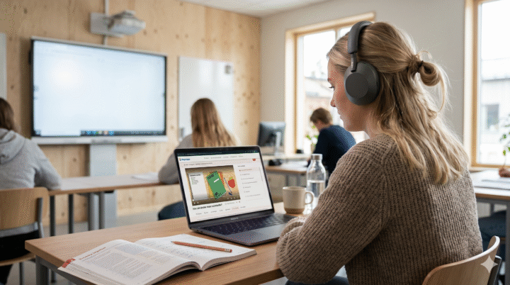 En elev i ett svenskt klassrum sitter vid en skolbänk med hörlurar och fokuserar på en bärbar dator som visar en Begreppafilm. På bänken ligger ett öppet läromedel och en penna, vilket illustrerar ett sammanhängande stöd mellan digitala förklaringar och tryckt text.