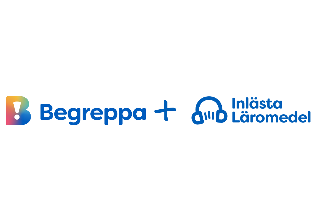 Grafisk bild som visar logotyperna för Begreppa och Inlästa Läromedel sammanbundna med ett plustecken. Bilden symboliserar det integrerade stödflödet där visuella begreppsförklaringar och inläst text samverkar för att underlätta lärandet för elever med läshinder.