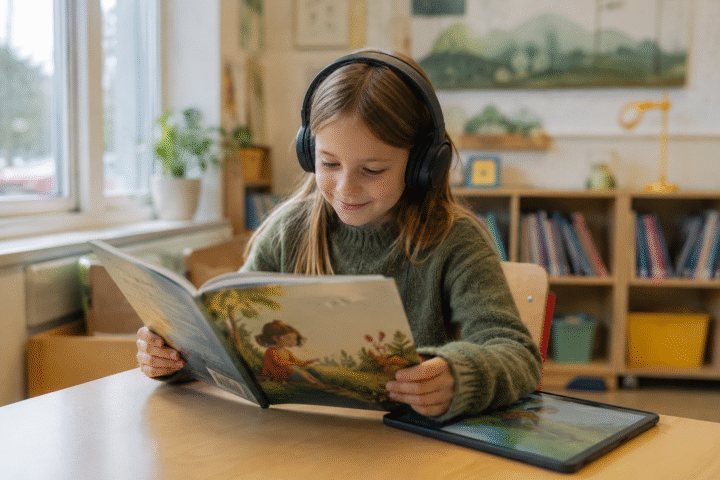 Elev på barneskolen sitter ved pulten med øreklokker og leser en bok med Polylino