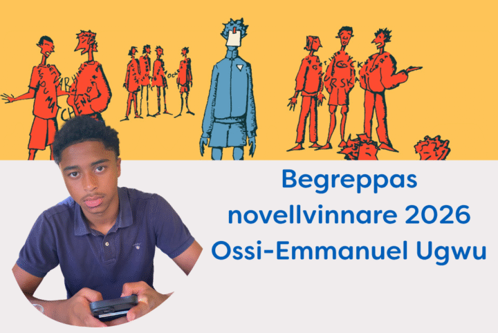 Ossi-Emmanuel Ugwu, vinnare av Begreppas novelltävling 2026, med illustration av elever i skolmiljö i bakgrunden