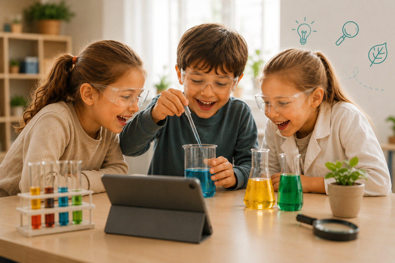 Kinder experimentieren mit bunten Flüssigkeiten bei Kide Science