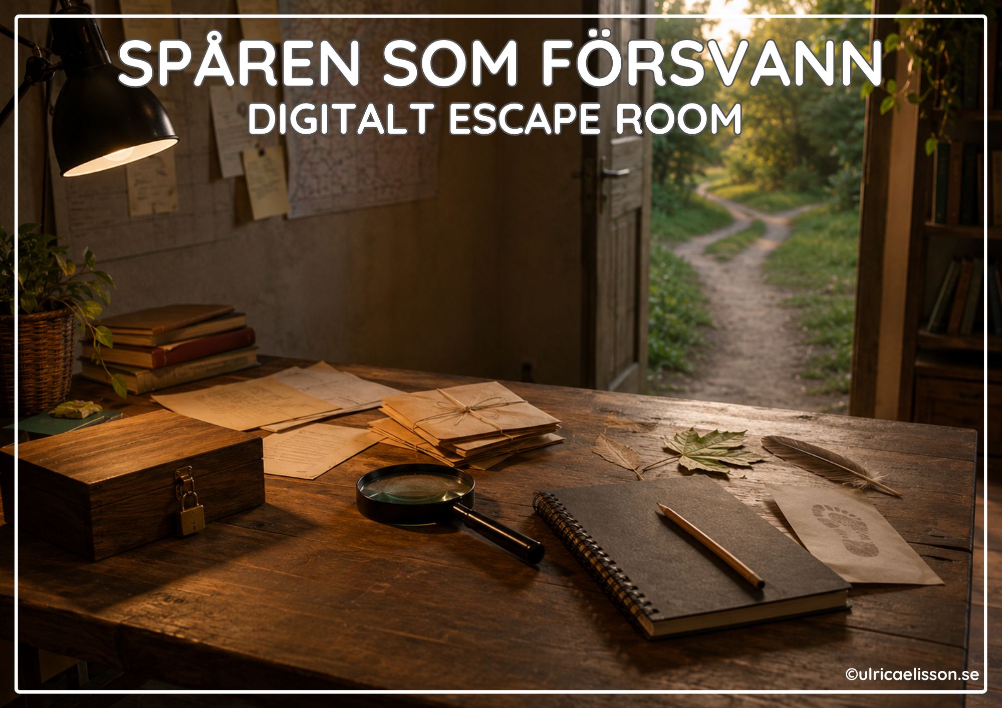 Skrivbord med gamla brev, förstoringsglas, karta och en dörr öppen mot en stig i skogen, temabild för escape roomet Spåren som försvann