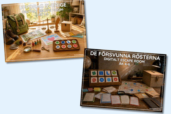 Två temabilder för Begreppas escape rooms, Uppdrag Sverige för åk 1–3 med ryggsäck, karta och symbolbrickor, samt De försvunna rösterna för åk 4–6 med valsedlar, förstoringsglas och valurna