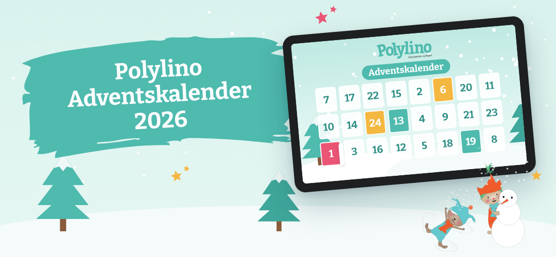 Polylino-Adventskalender 2026 auf einem Tablet, daneben Poly und Lino mit einem Schneemann