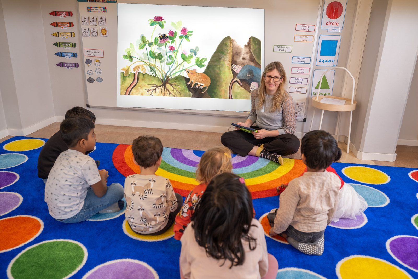 Pädagogische Fachkraft zeigt einer Kindergruppe im Sitzkreis ein Bilderbuch aus Polylino über den Beamer