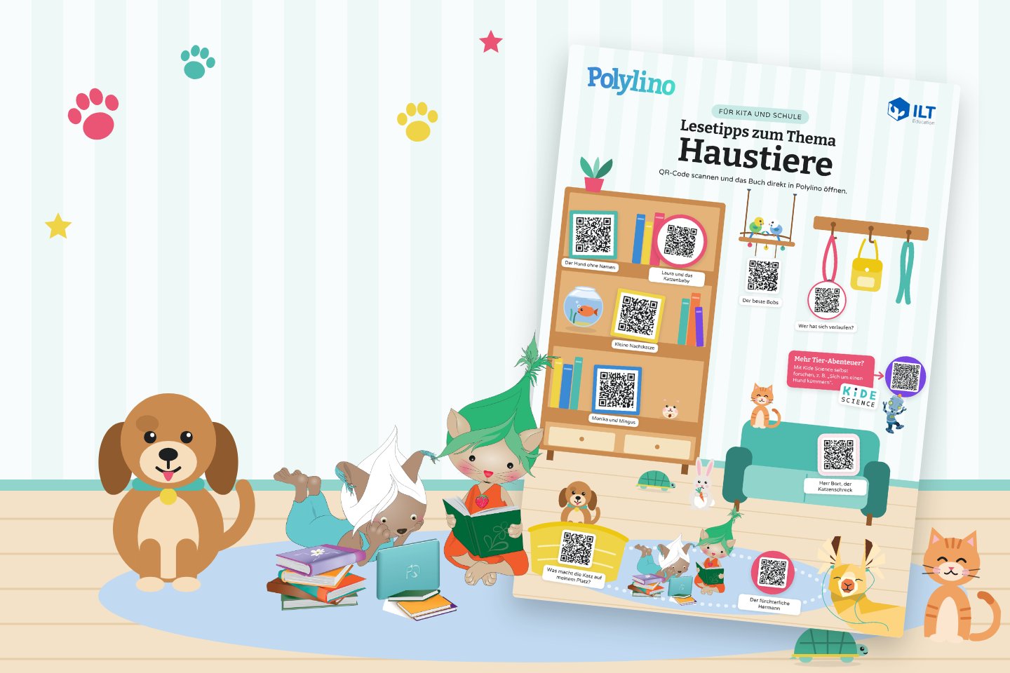 Polylino-Poster Lesetipps zum Thema Haustiere mit Poly und Lino, Hund, Katze und Schildkröte